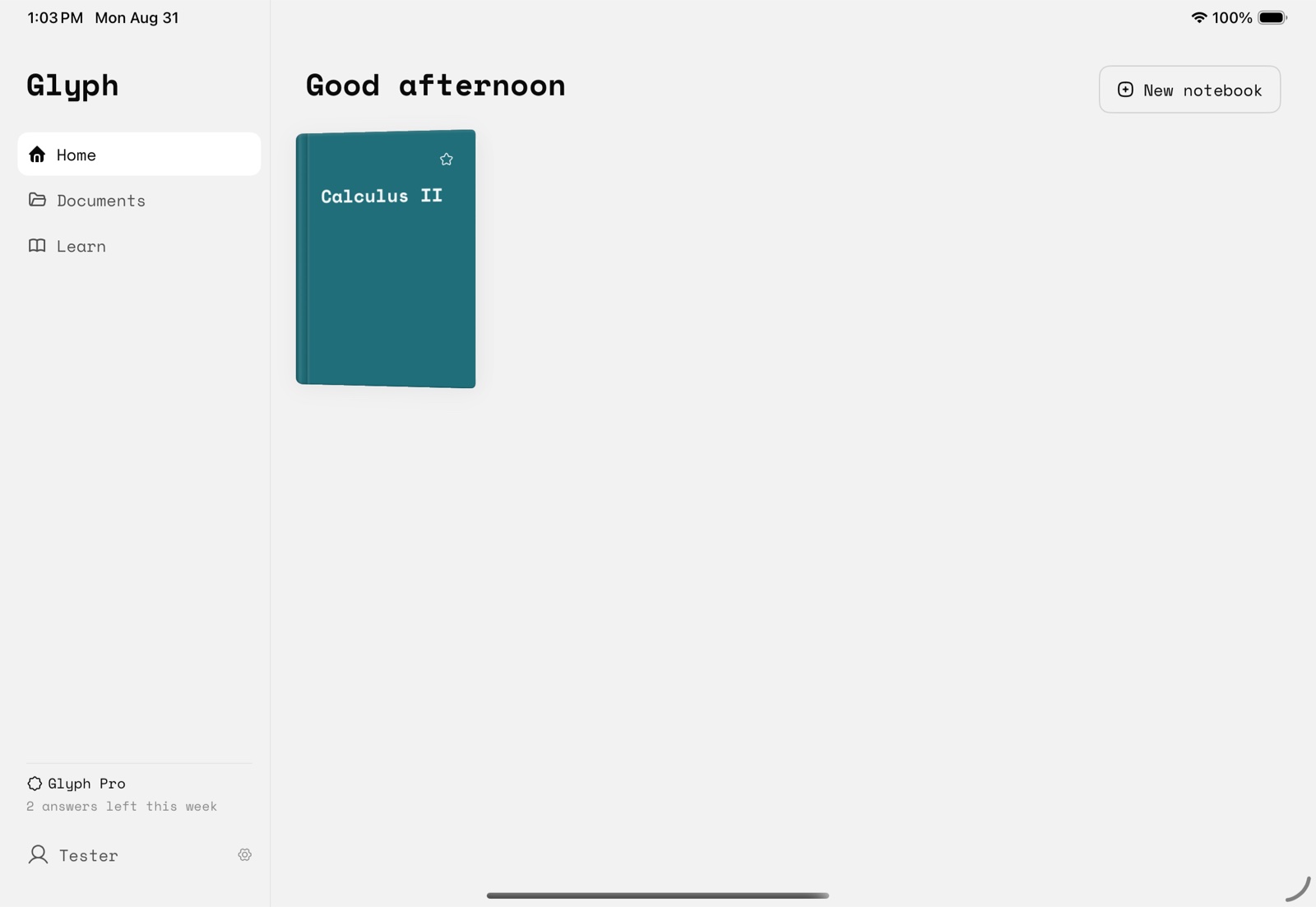 Glyph home screen with a teal Calculus II notebook