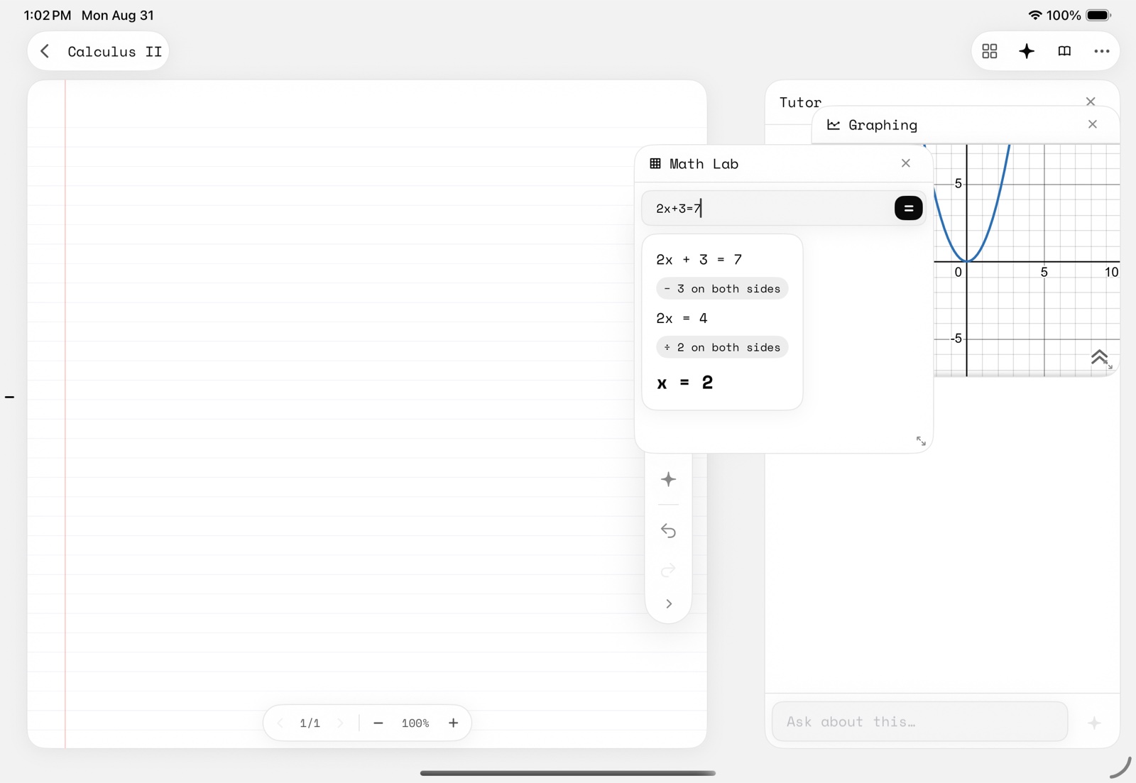 The tutor panel open beside notes with the math tools